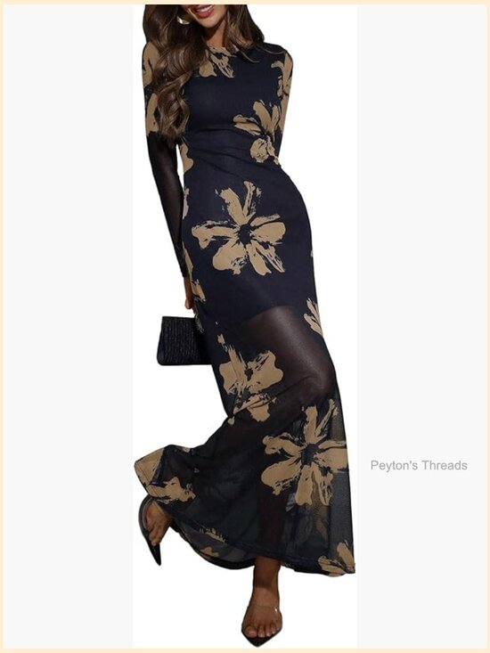 Dresses & Skirts - Floral Mesh Maxi Dress Elegant Formal Long Sleeve Wedding Guest Cocktail